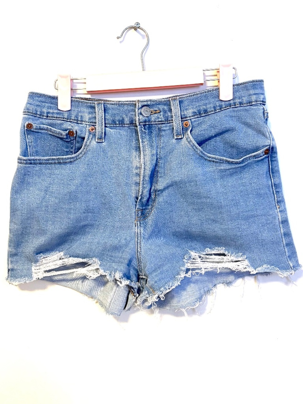 Levi Strauss High Rise Distressed Cut Off Denim Jean Shorts Light Wash Womens 30